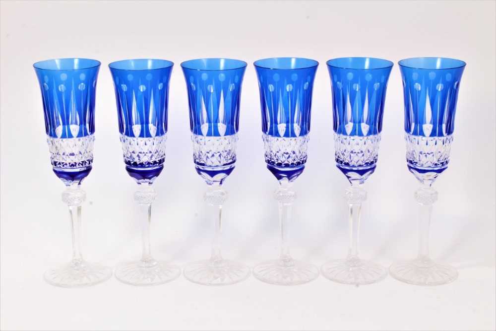 Lot 189 - Set of six Bohemian blue flash cut wine glasses, 20.75cm high