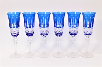 Lot 189 - Set of six Bohemian blue flash cut wine glasses, 20.75cm high