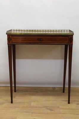 Lot 1321 - 19th century Continental mahogany and brass mounted single drawer side table, with pierced gallery and lozenge inlaid top, on square tapered legs, 69cm wide x 39cm deep x 78cm high