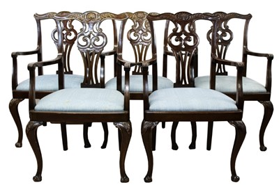 Lot 1289 - Set of five George III style mahogany open armchairs, each with carved top rail and pierced splat back, with slip in seats on carved cabriole legs