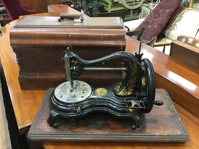 Lot 381 - Vintage Jones Swan neck hand sewing machine in case