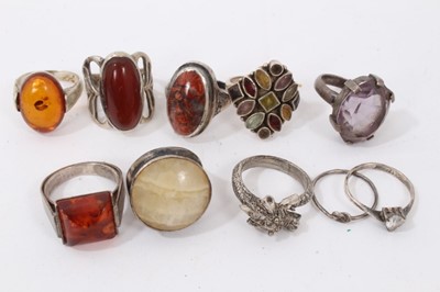 Lot 116 - Group vintage costume jewellery including various brooches, silver gem set rings, silver earrings and some amber jewellery
