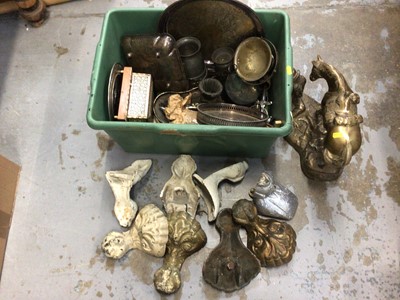 Lot 31 - One box of silver plated ware, cast iron bath feet and sundry metalware