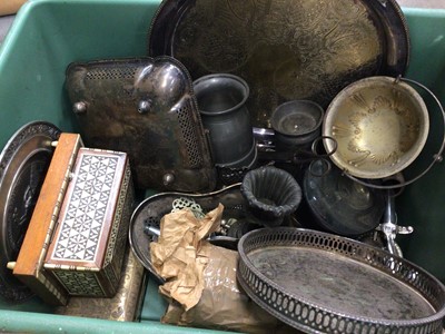 Lot 31 - One box of silver plated ware, cast iron bath feet and sundry metalware