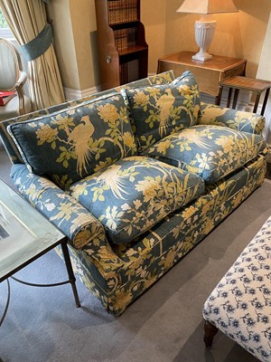 Lot 1336 - Good pair of modern sofas, each of square form with floral upholstery and castors, approximately 164cm wide x 94cm deep x 73cm high