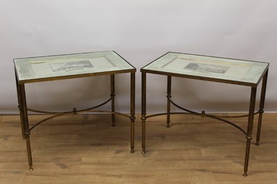 Lot 1328 - Pair of stylish brass side tables, each with square glazed top housing framed prints of Shugborough Park and Somerford Hall, on fluted supports and x-stretchers, 62cm wide x 43cm deep x 52cm high