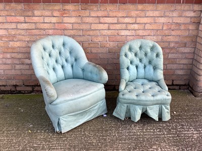 Lot 1339 - Two Victorian button upholstered armchairs, on turned legs and castors