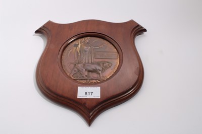 Lot 817 - First World War Memorial (Death) plaque named to Alfred Richard Ockelford, mounted in mahogany shield shaped frame. N.B. Private Ockelford died on 7th May 1917, aged 39 years.