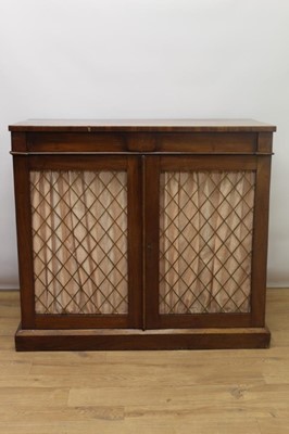 Lot 1343 - 19th century mahogany chiffonier, with tablet frieze and enclosed by a pair of grille doors, on plinth base, 100cm wide x 50cm deep x 91cm high