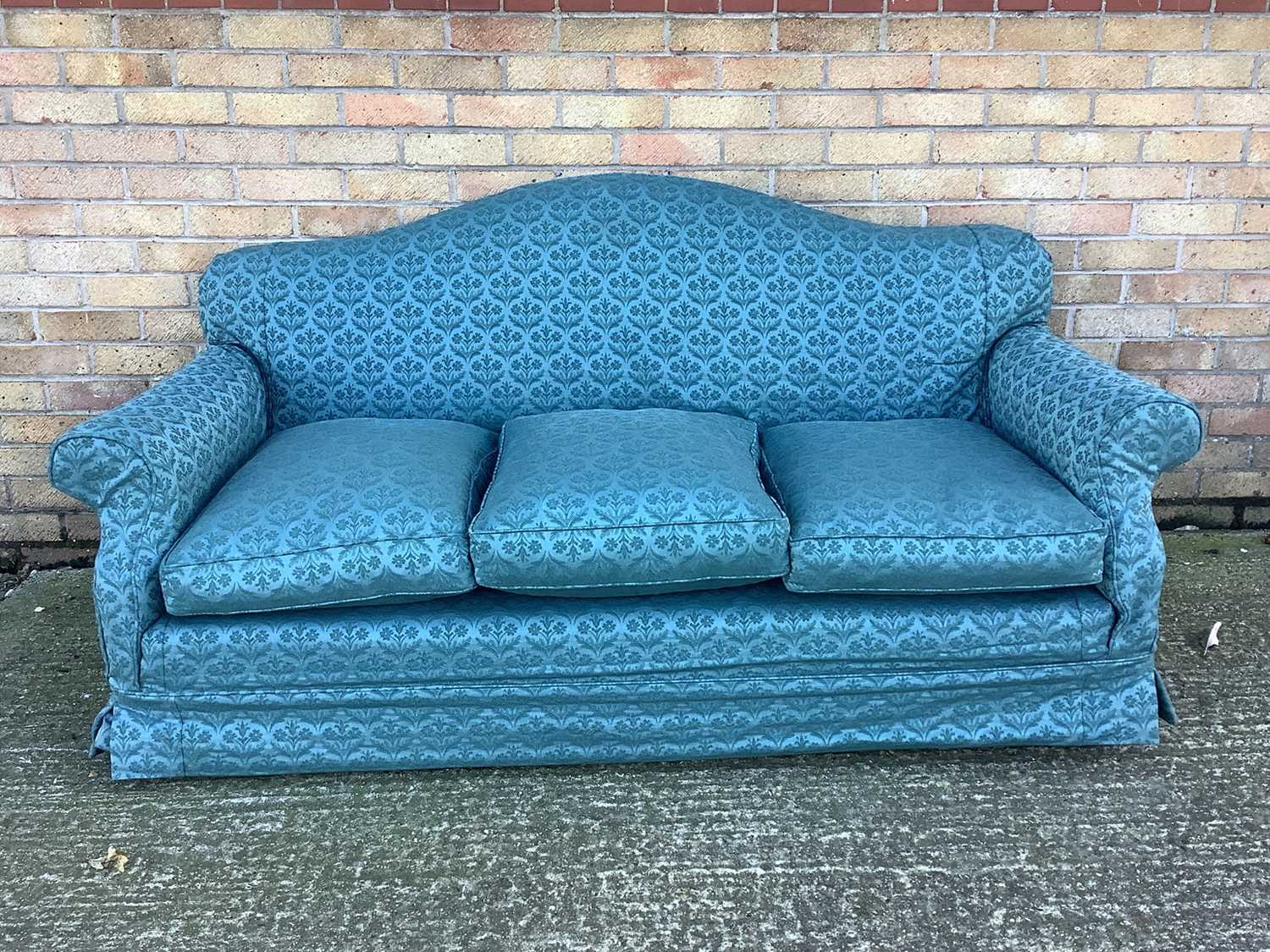 Lot 1346 - Modern camel back sofa, with moss green upholstery, approximately 180cm wide