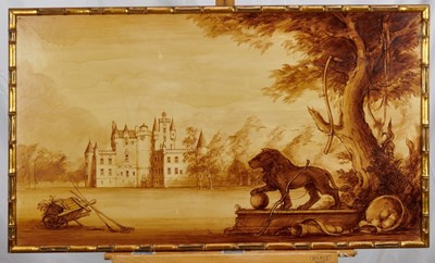 Lot 1158 - William Fielding, 20th century, pair of sepia grisaille on board - a view of Glamis Castle, together with an estuary view with hunting trophies, signed, 51cm x 89cm, in gilt frames