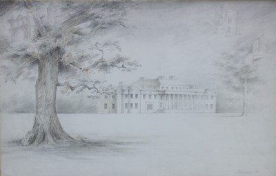 Lot 355 - William Fielding, 20th century, pencil, pen and sepia ink and wash - A view of Shugborough
