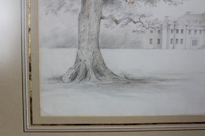 Lot 98 - William Fielding, 20th century, pencil, pen and sepia ink and wash - A view of Shugborough
