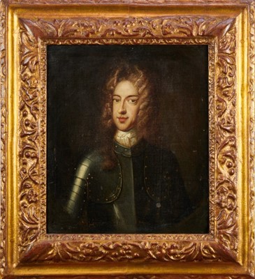 Lot 1161 - Follower of Alexis Simon Belle (1674-1734) oil on canvas - portrait of Prince James Edward Stuart, The Old Pretender, half length wearing armour, 33cm x 28cm, in gilt frame