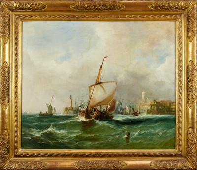 Lot 1162 - Circle of George Clarkson Stanfield (1828-1878) oil on canvas - shipping off the harbour, possibly Penzance, 61cm x 74cm, in gilt frame