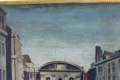 Lot 1165 - Manner of Anna Zinkeisen, oil on canvas - an 18th century view of a Fleet Street Gateway, 60cm x 69cm, in gilt frame