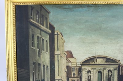 Lot 1165 - Manner of Anna Zinkeisen, oil on canvas - an 18th century view of a Fleet Street Gateway, 60cm x 69cm, in gilt frame