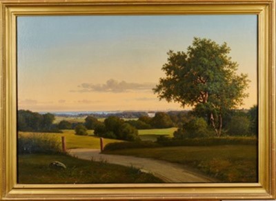 Lot 1036 - Peter Ølsted (1824-1887) oil on canvas - Danish summer landscape with a distant view of a mansion and the coast, signed, 53cm x 77cm, in gilt frame