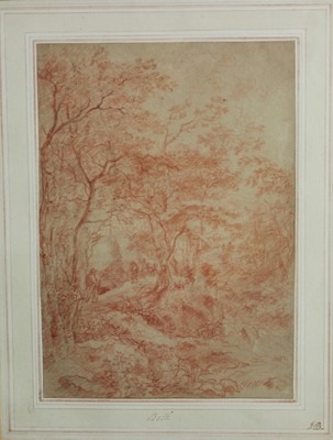 Lot 1173 - Circle of Jan Both (1615-1652) red chalk on paper - figures on a wooded rocky track, inscribed Both, 28cm x 19.5cm, in glazed gilt frame