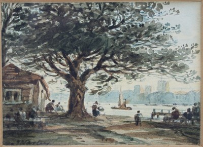 Lot 1171 - John Varley watercolour - Lambeth from Bankside, signed, 7cm x 9.5cm, in glazed frame