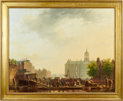 Lot 1169 - George Andries Roth (1809-1887) oil on canvas - Dutch harbour scene, probably Amsterdam, with fish being unloaded from a punt, signed, 54.5cm x 68.5cm, in gilt frame