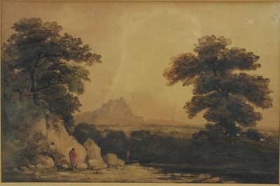 Lot 1172 - Follower of John Varley watercolour - figures in an Italianate landscape