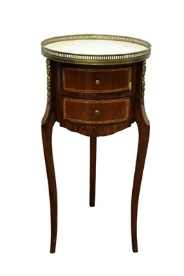 Lot 1319 - 19th century Continental mahogany and parquetry inlaid cylinder side table, with pierced brass gallery and marble top, two frieze drawers on brass mounted slender tripod supports, 36cm diameter x 7...