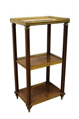 Lot 1325 - Good 19th century Continental parquetry and brass mounted three tier étagère, each rectangular tier with pierced gallery between square supports on brass sabots, 35cm wide x 25cm deep x 67cm high