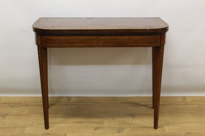 Lot 1326 - Regency mahogany and marquetry inlaid D-shaped card table, the fold over top with baize to underside and scrolling marquetry border on square tapered legs, 89cm wide x 45cm deep x 76cm high