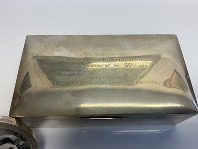 Lot 60 - Lady Elizabeth Shakerley C.V.O. (1941-2020), silver cigarette box of rectangular form engraved ' Presented to Lady Elizabeth Georgina Anson