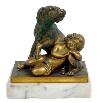 Lot 872 - 19th century ormulu figure of a dog and child on marble base