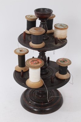 Lot 876 - Victorian turned wood bobbin tree with cotton reels