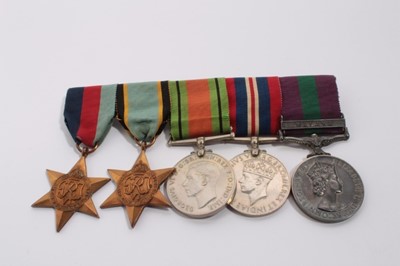 Lot 827 - Second World War and later Royal Air Force (R.A.F.) medal group comprising 1939 - 1945 Star, Air Crew Europe Star, Defence and War medals, together with Elizabeth II General Service medal (pre 1962...