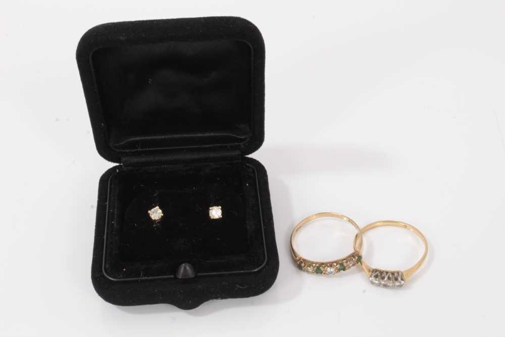 Lot 123 - Diamond three stone ring, 9ct gold emerald and diamond seven stone ring and pair diamond stud earrings