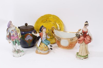 Lot 1197 - Flight, Barr & Barr Worcester sugar bowl, together with an Art Nouveau teapot, Japanese plate on yellow ground and group of three porcelain figures