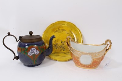 Lot 1197 - Flight, Barr & Barr Worcester sugar bowl, together with an Art Nouveau teapot, Japanese plate on yellow ground and group of three porcelain figures
