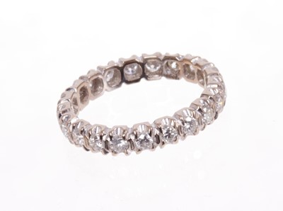 Lot 575 - 18ct white gold and diamond full band eternity ring with brilliant cut diamonds estimated to weigh approximately 1.18cts in total. London hallmarks. Ring size O.