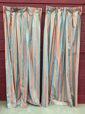 Lot 1500 - Pair pink and blue striped curtains with pinch pleated tops measuring approximately 90cm x 234cm drop