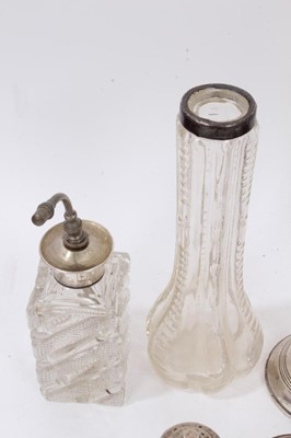Lot 360 - Group silver mounted glass bottles, two silver Sherry labels and one other, pair silver candlesticks, plated pair, silver handled items and pair plated sugar tongs