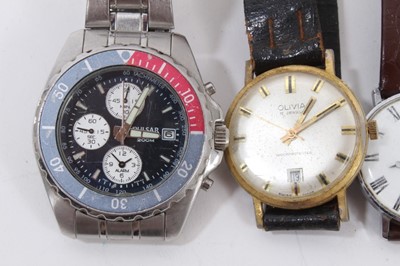 Lot 361 - Pulsar Chronograph wristwatch, three other vintage watches and desk clock