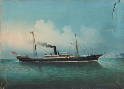 Lot 1241 - Two fine Chinese School oil on canvas studies of Chinese trade ships, circa. 1890, signed to stretchers by Hong Kong Artist Jack Cheong. The ships depicted are of the China Navigation company (2)