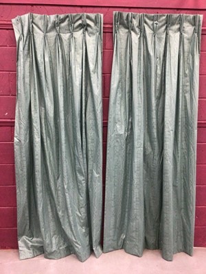 Lot 1502 - Pair of glazed cotton moire teal curtains