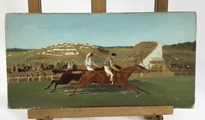 Lot 30 - 19th century oil over photograph on board , Derby day, unframed.
