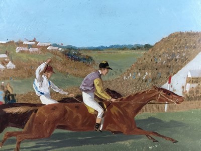 Lot 30 - 19th century oil over photograph on board , Derby day, unframed.