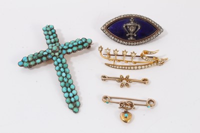 Lot 591 - Victorian turquoise cross brooch, George III style silver enamel and paste set brooch, Victorian gold turquoise and seed pearl lover's knot sweetheart brooch and a Victorian 9ct gold and seed pearl...