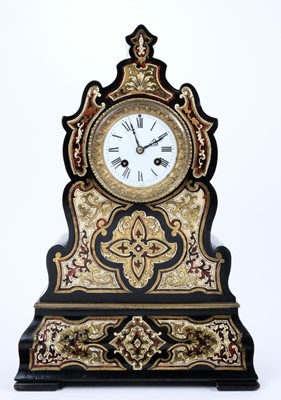 Lot 707 - Mid 19th century French ebonised and brass inlaid mantel clock of shaped form