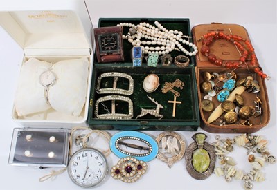 Lot 598 - Vintage costume jewellery and bijouterie to include an Art Deco LeColutre travel watch, Recta pocket watch, and sundry jewellery