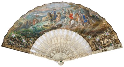 Lot 882 - Good quality 18th / 19th century Continental carved ivory and painted fan, painted to both faces, with hunting groups and landscape, with ornately carved and pierced sticks, approximately 53cm wide