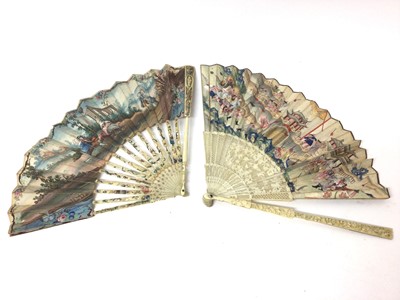 Lot 883 - Ornate 19th century Chinese carved ivory and painted fan, painted with figural frieze and floral design to the reverse, with pierced and carved sticks, 38cm wide, together with a 19th century Conti...