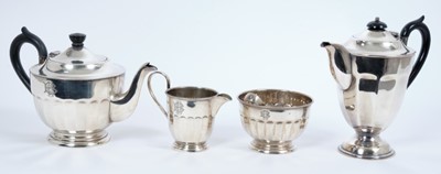 Lot 381 - 1930s silver three piece tea set , silver plated coffee pot and pair silver sugar tongs